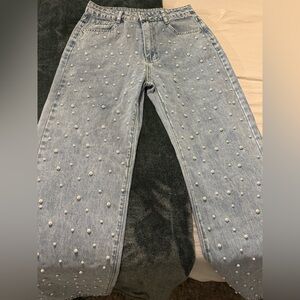 SHEIN Blue Pearl Embellished Straight Jeans